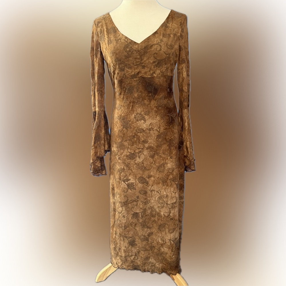 Y2K Le Chateau Flare Sleeve Brown Bodycon Dress (M)